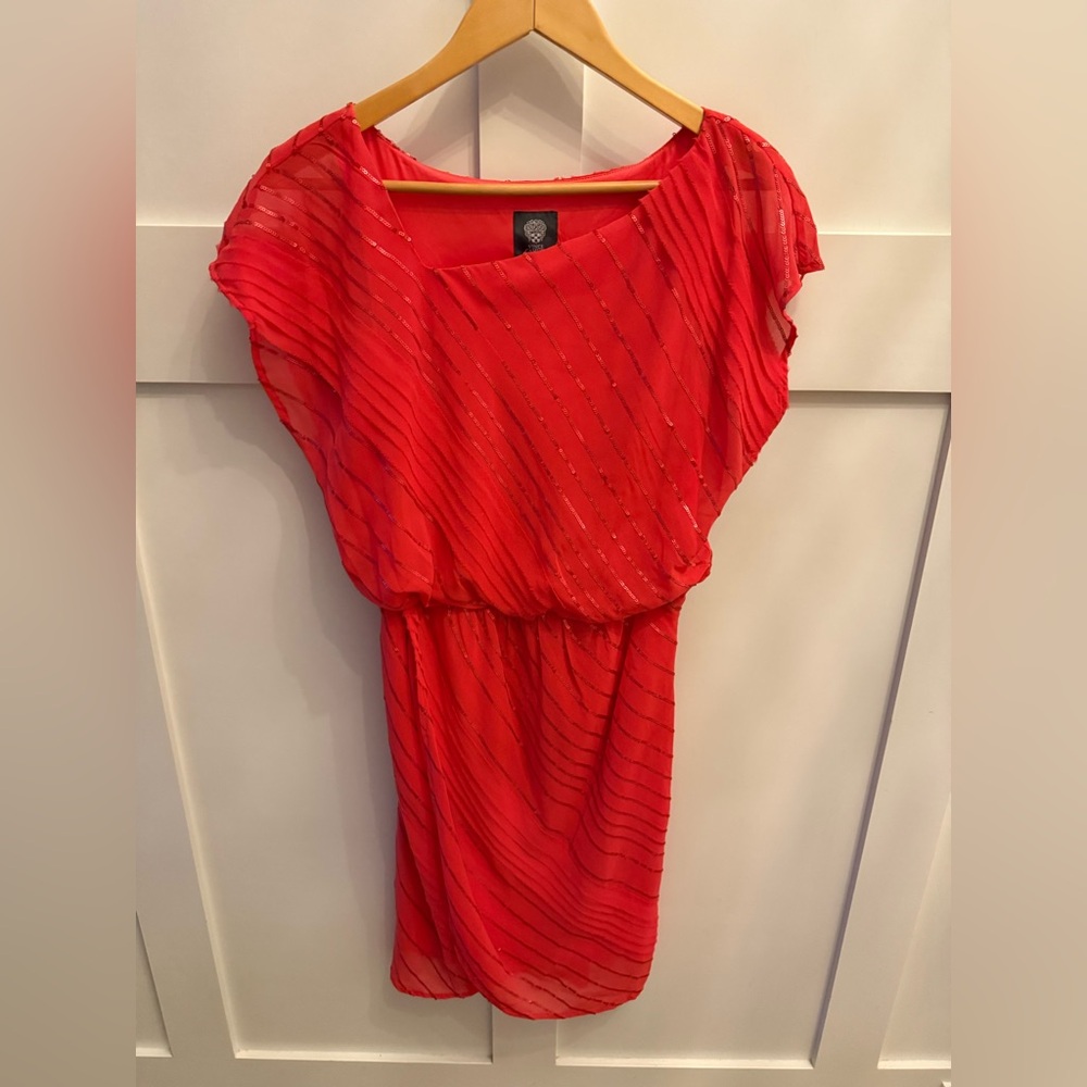 Women’s Vince Camuto Coral Sequin Asymmetrical Neck Cocktail Dress Flawed Sz 6